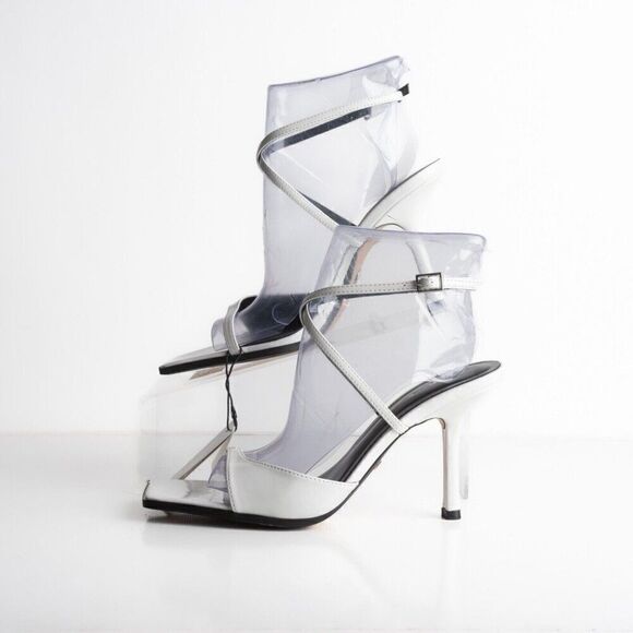 Zara Womens White Faux Leather Sandals Heels asymmetric strap US 7.5 EU 38 NWT - Picture 5 of 8